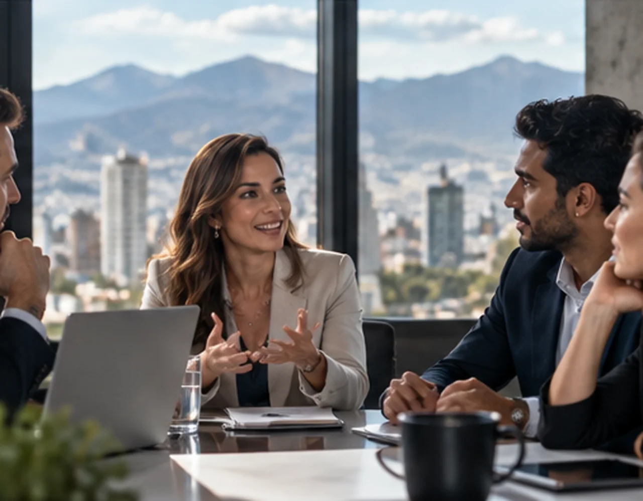 Grupo de personas conversando en una reunión de trabajo.